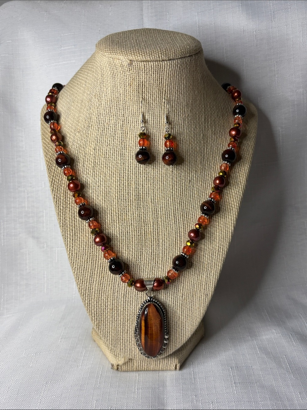 Handcrafted Red Tiger’s Eye and Red Pearl Necklace and Earring Set